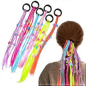 6pcs Kids Girls Hair Extension Colorful Braided Wigs Ponytail Hair Bands Headwear