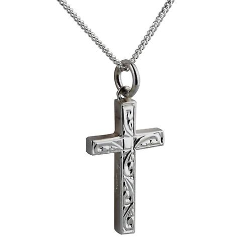 Silver 25x15mm hand engraved solid block Cross with a curb Chain 24 inches