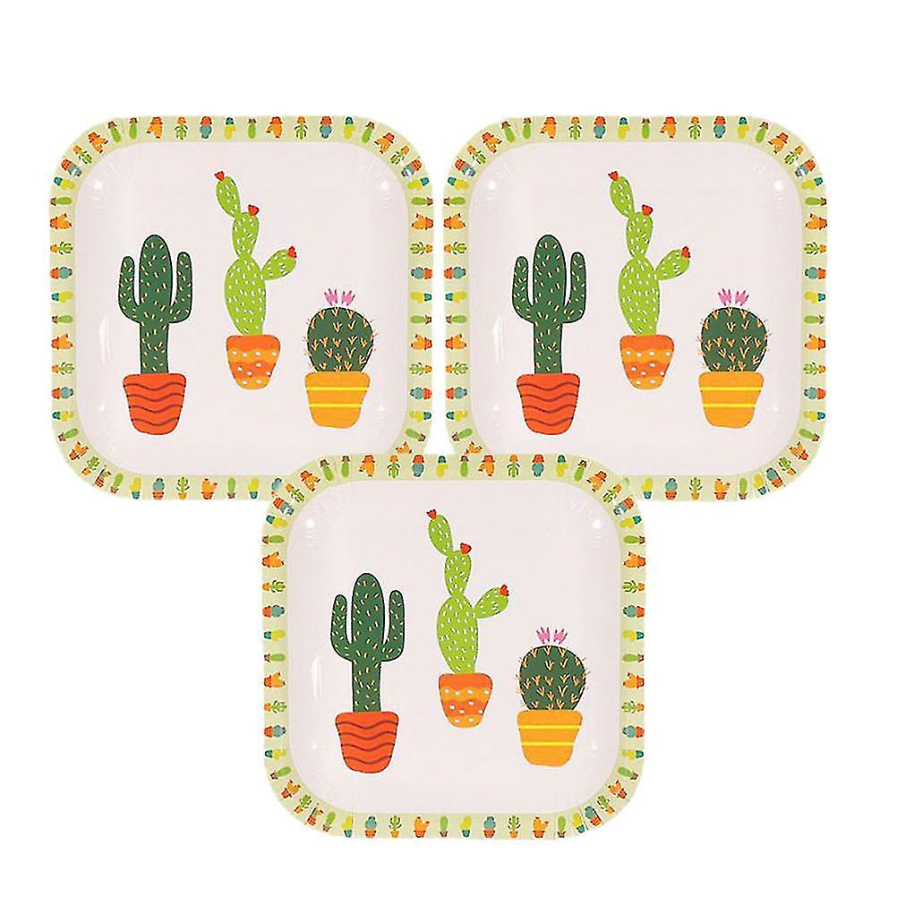 10pcs Plates Quadrate Disposable Cactus Pattern Plates Tableware For Party Birthday