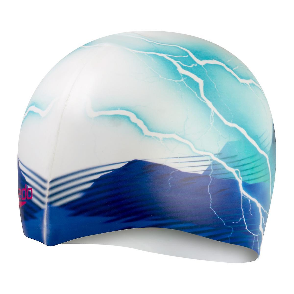 Speedo Digital Printed Silicone Cap - Thunderbolt White/ Blue - Womens