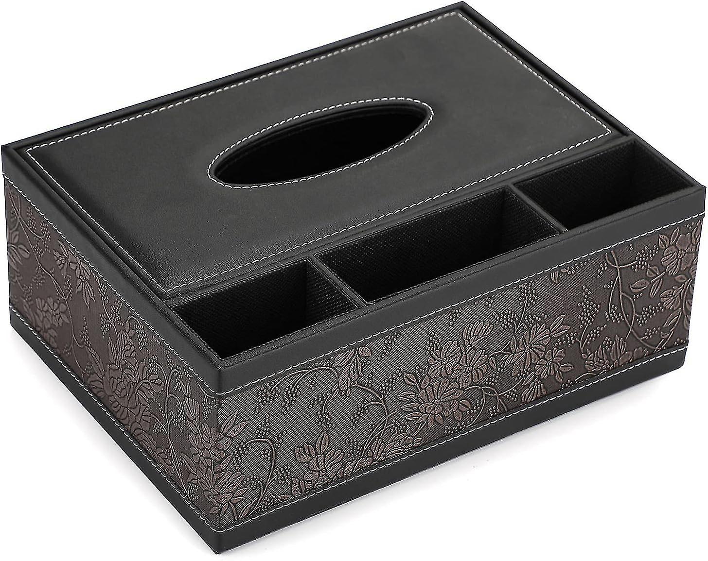Tissue Box PU Leather Rectangular Tissue Dispenser with 3 Compartments Desk Organizer for Remote Con