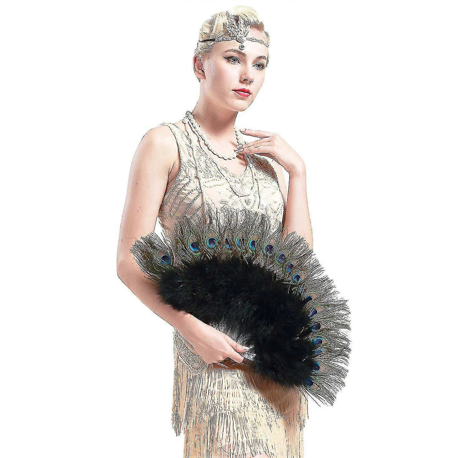 1920s peacock marabou feather handheld folding fan