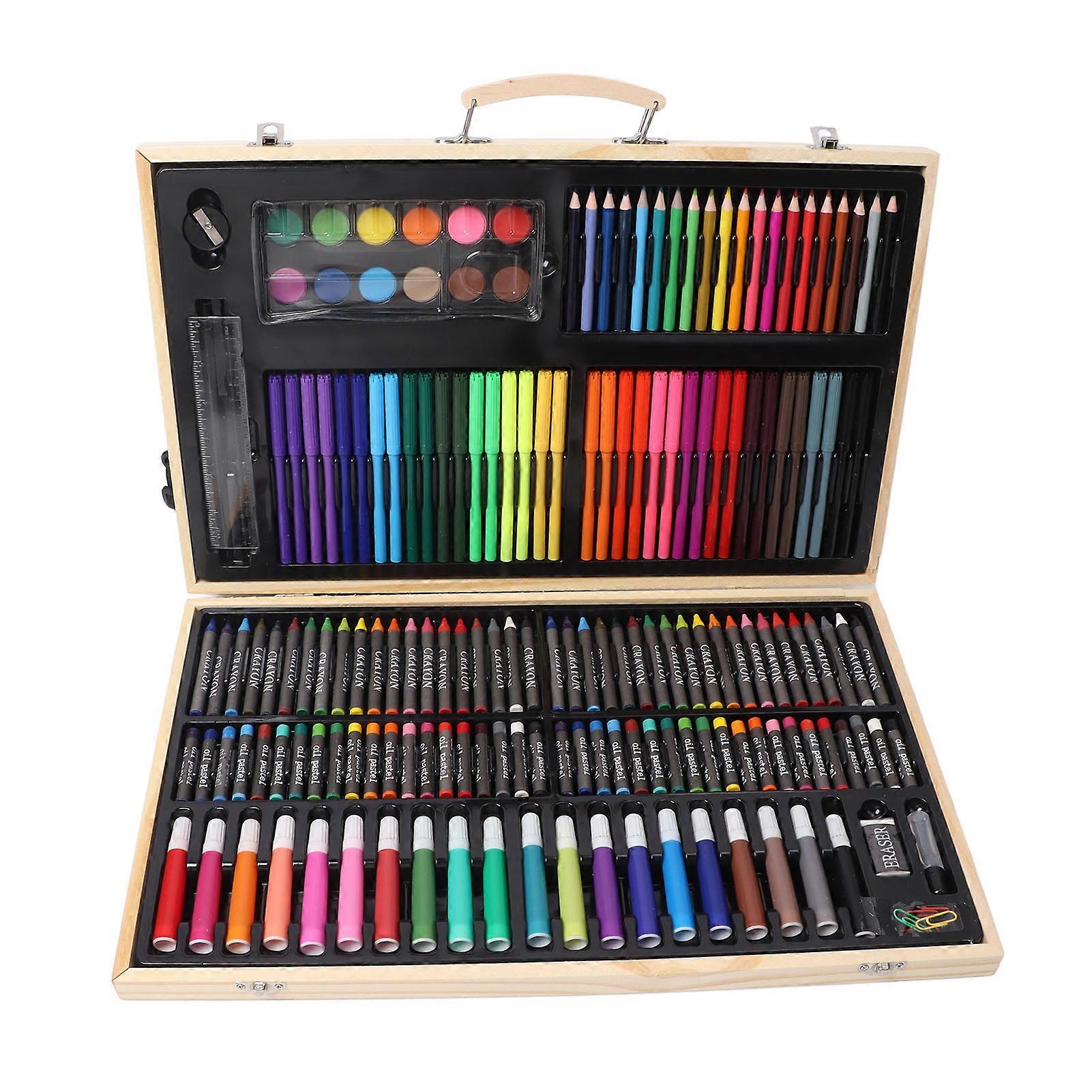 Kids Drawing Kit Wood Box Packed Assorted Bright Colors Multi Purpose Wooden Art Set for Children Coloring Painting