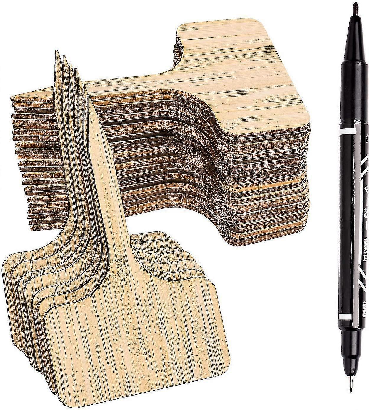 50 件竹植物标签带记号笔，植物标签木制 T 型花园标记，用于种子盆栽草药