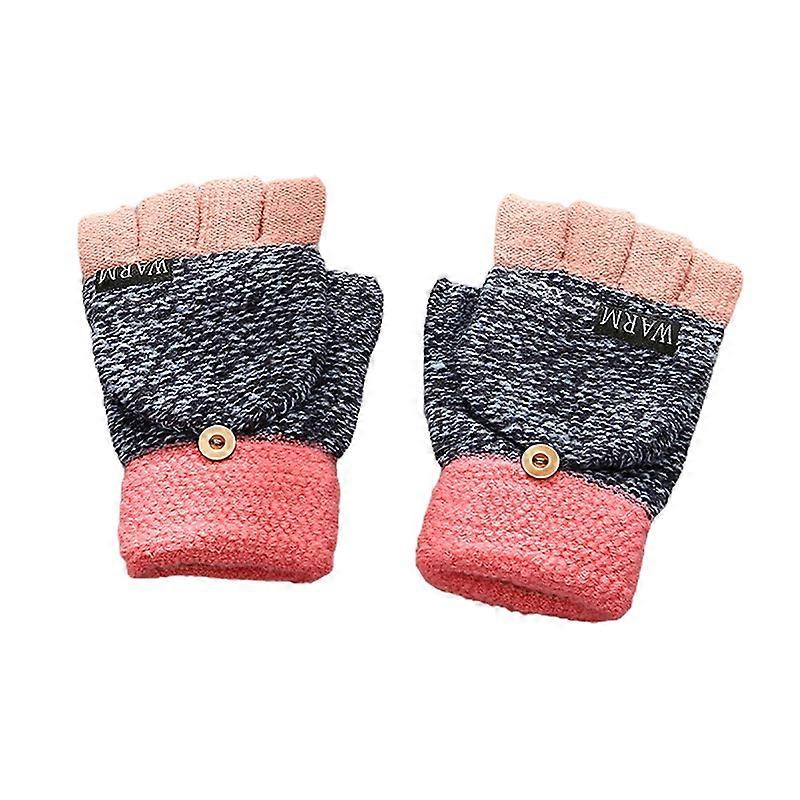 Multicolor Color Block Winter Warm Thickening Faux Wool Half Finger Flip Gloves Qinhai