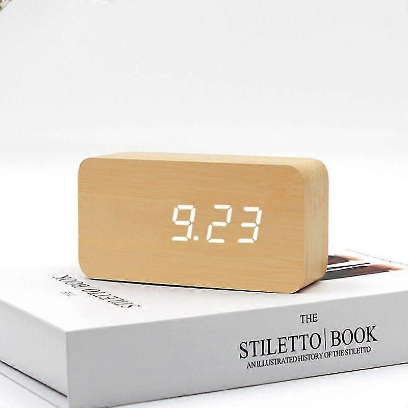 Digital Alarm Clock Wood Adjustable Brightness Voice Control Led Clock Rectangle Display Time Temperature Home Decor