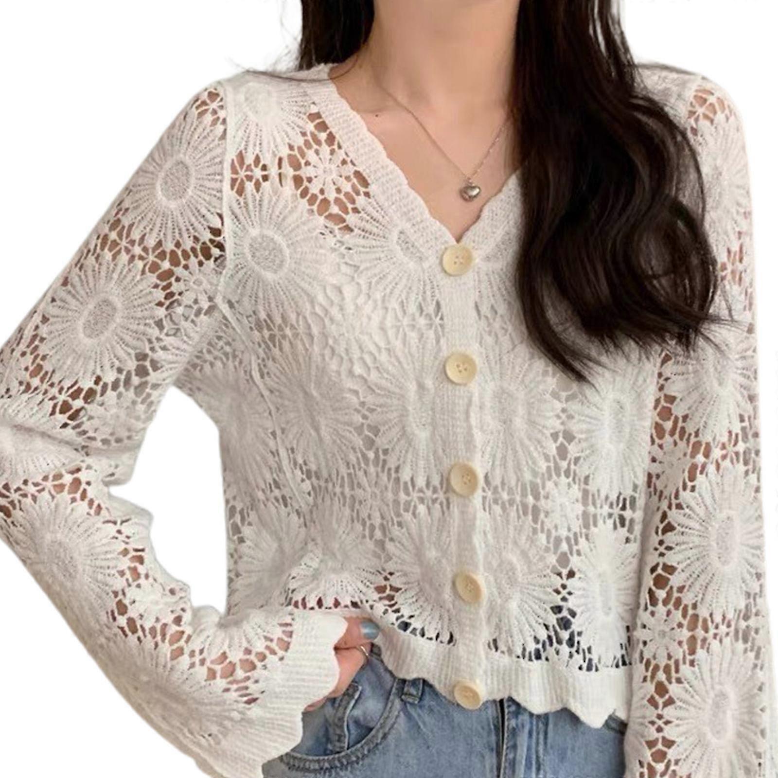 Women Flare Long Sleeve Crochet Cardigan V-neck Open Front Button