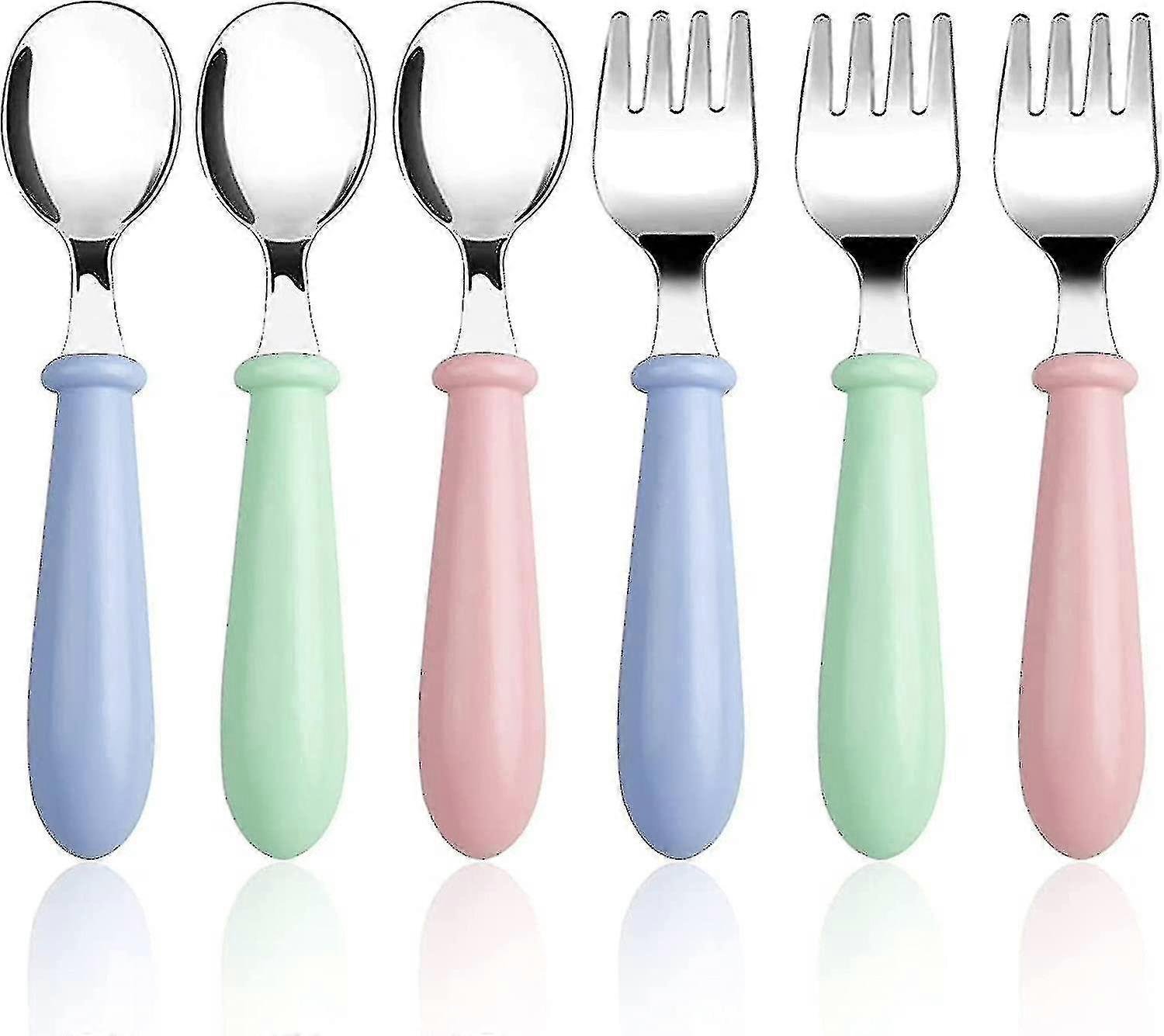 3 Set/6 Pcs Baby Fork And Spoon, Toddler Utensils Stainless Steel Baby Forks And Spoons Silverware Set With Round Handle Kids Silverware Childr