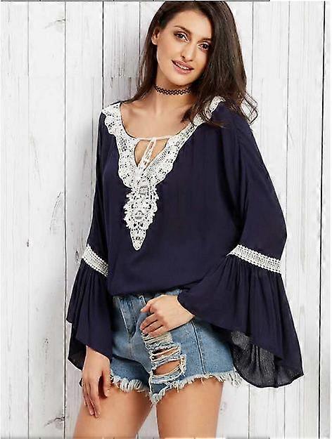 Mode Navy Blue Boho Virka bell ärmar blus topp