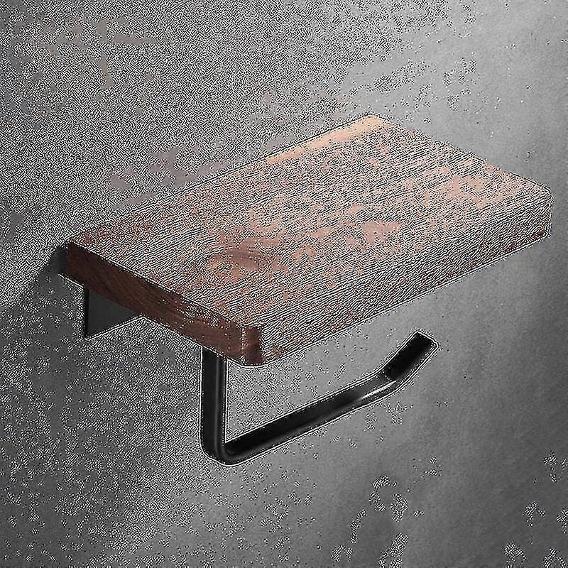 Solid Wood Toilet Paper Holder with Phone Shelf - Stick-on Bathroom Roll Holder, Solid Walnut Wood, No Drilling Installation (20cm Long)