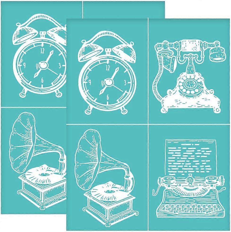2Pcs 8.6x11 Inch Clock Pattern Self-Adhesive Silk Screen Printing Stencil Telephone Silk Screen Stencil Phonograph Typewriter Reusable Mesh Stencils T