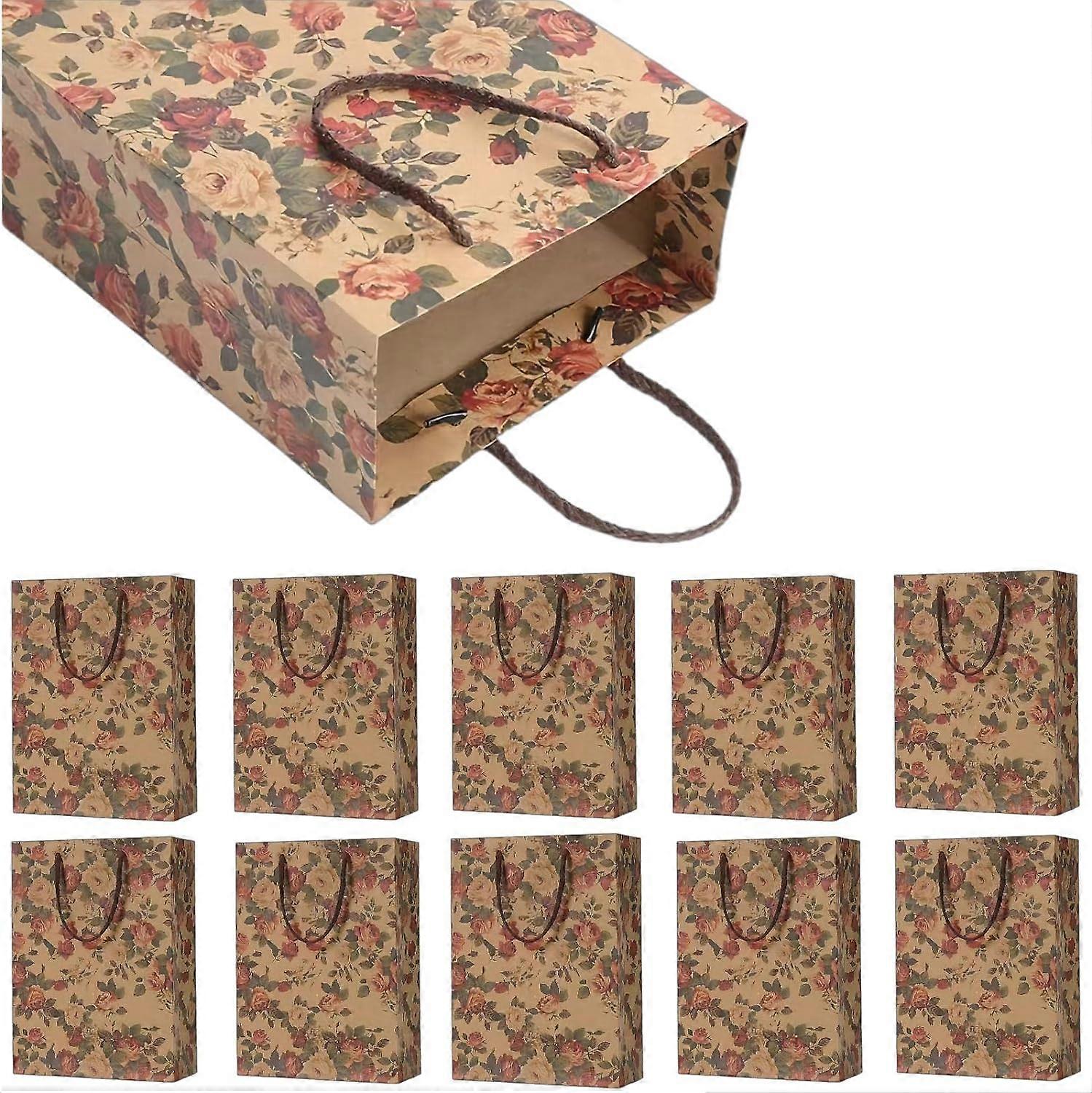 Gift bag (10 PCS), kraft paper gift bag with rose pattern