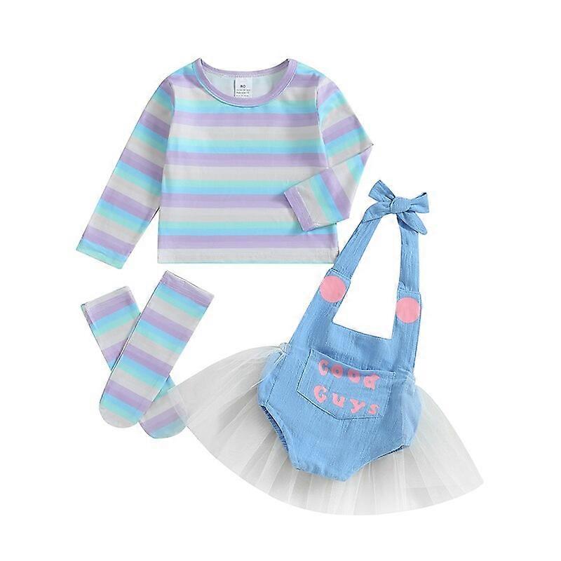 0618 05Years Toddler Girl 3Pcs Halloween Set Rainbow Stripe Print Tops Letter Pattern Romper Long Socks