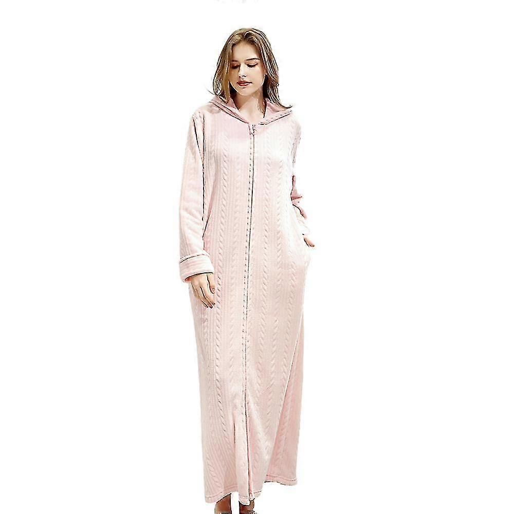 Women Long Hooded Dressing Gown Nightgown Flannel Bathrobe Zip Robes