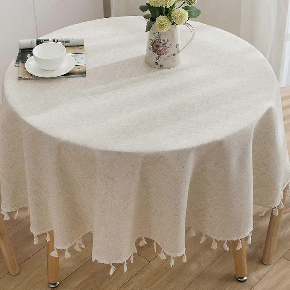 1pcs plain bamboo and linen tassel round tablecloth - bamboo cotton and linen solid color (yellow lace) - round 120cm