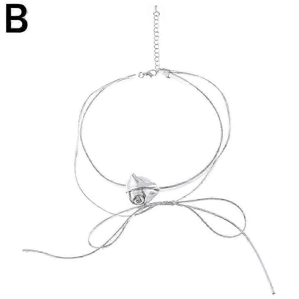 French Style 3D Rose Flower Leather Necklace Black,Silvery High-end