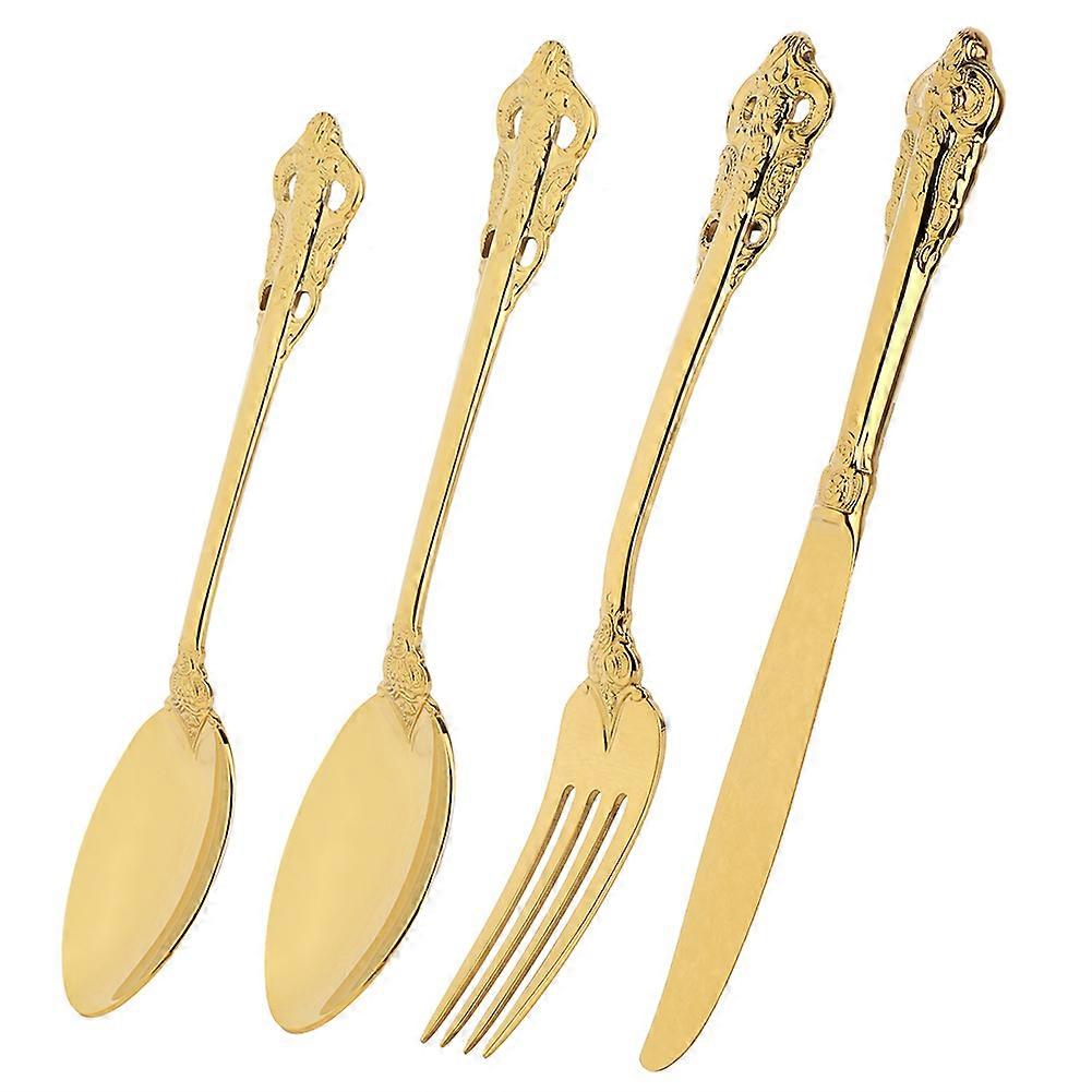 Reusable Stainless Steel Fork Knife Spoon Set Dinnerware Tableware (Golden)