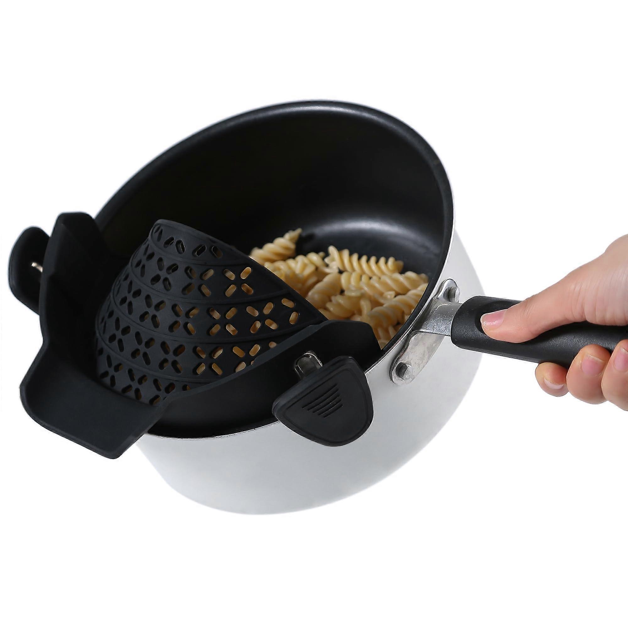 Silicone Clip-On Strainer for Pots and Pans, Black, Heat-Resistant, Dishwasher Safe, Fits Standard Sizes