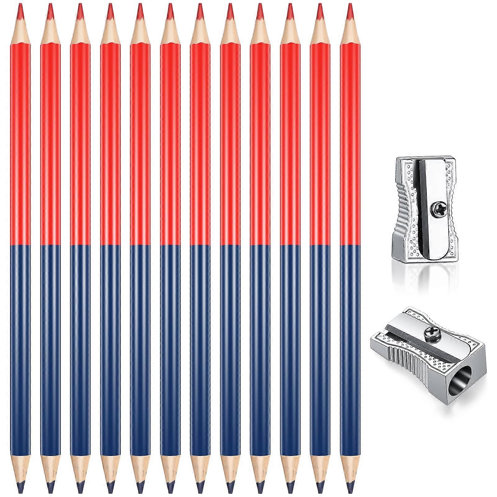 12 Red and Blue Double Colored Erasable Pencils #2 Hb with 2 Metal Sharpeners for Checking Coloring Tests