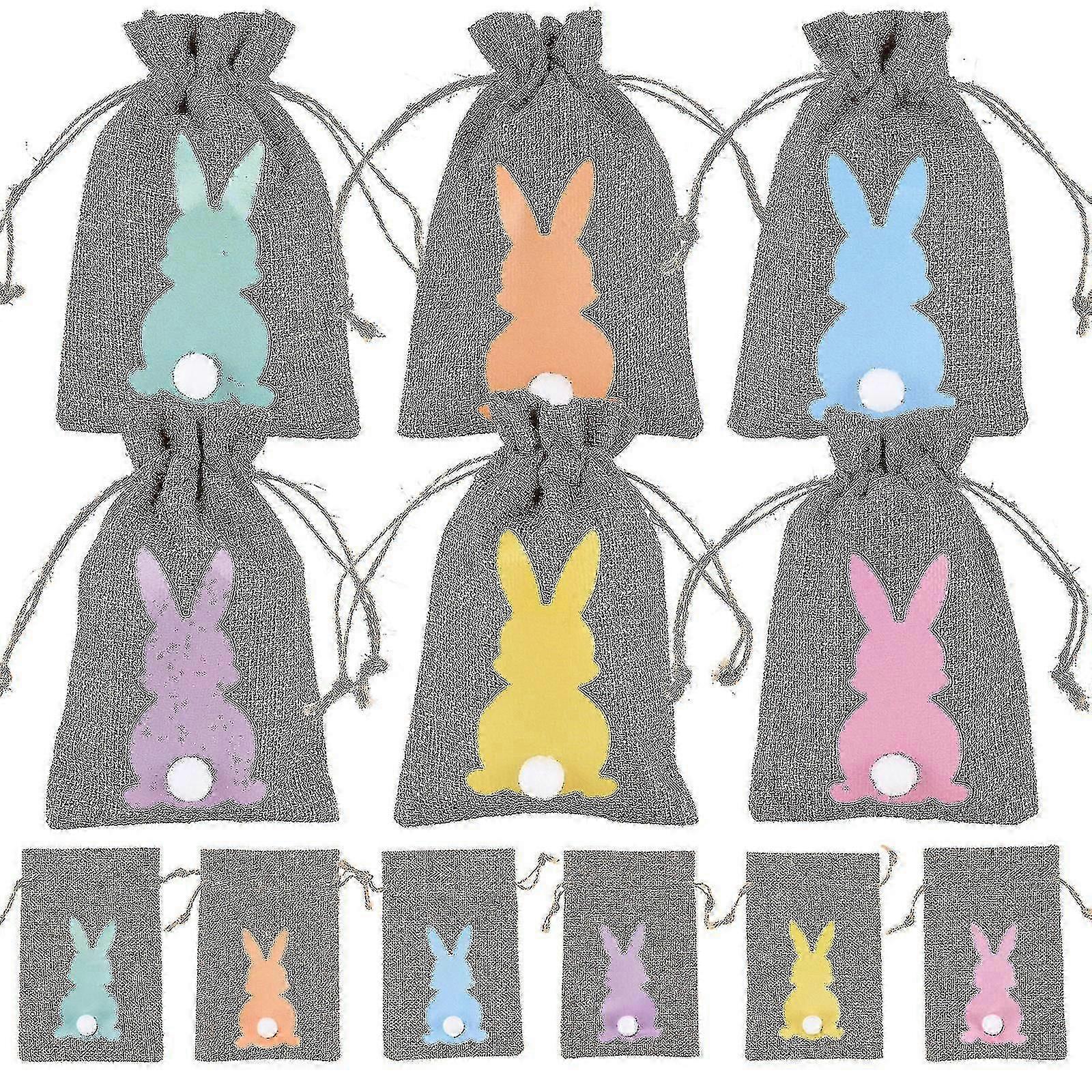 24pcs Easter Bunny Burlap Gift Bags, Drawstring, Rabbit Linen