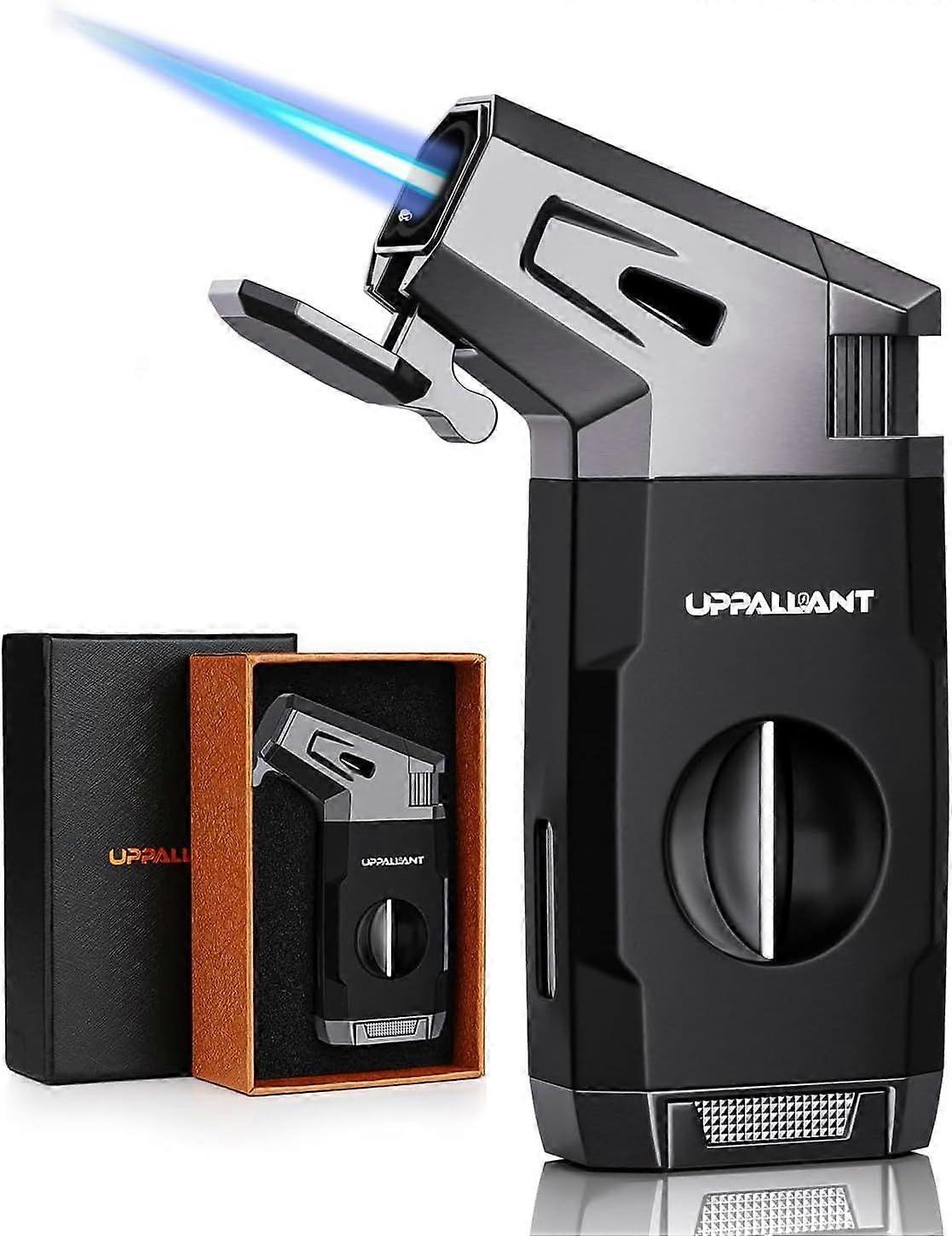 Torch Lighter with Jet Flame, Built-in V Cutter, Refillable Butane Torch Lighters, Box for Men, All-in-one Windproof Cool Lighters