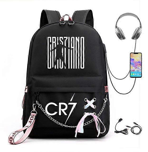 Cr7 أطفال بنات بنين حقائب مدرسية نسائية USB على ظهره قماش حقيبة مراهقة حقيبة كتب ثابتة