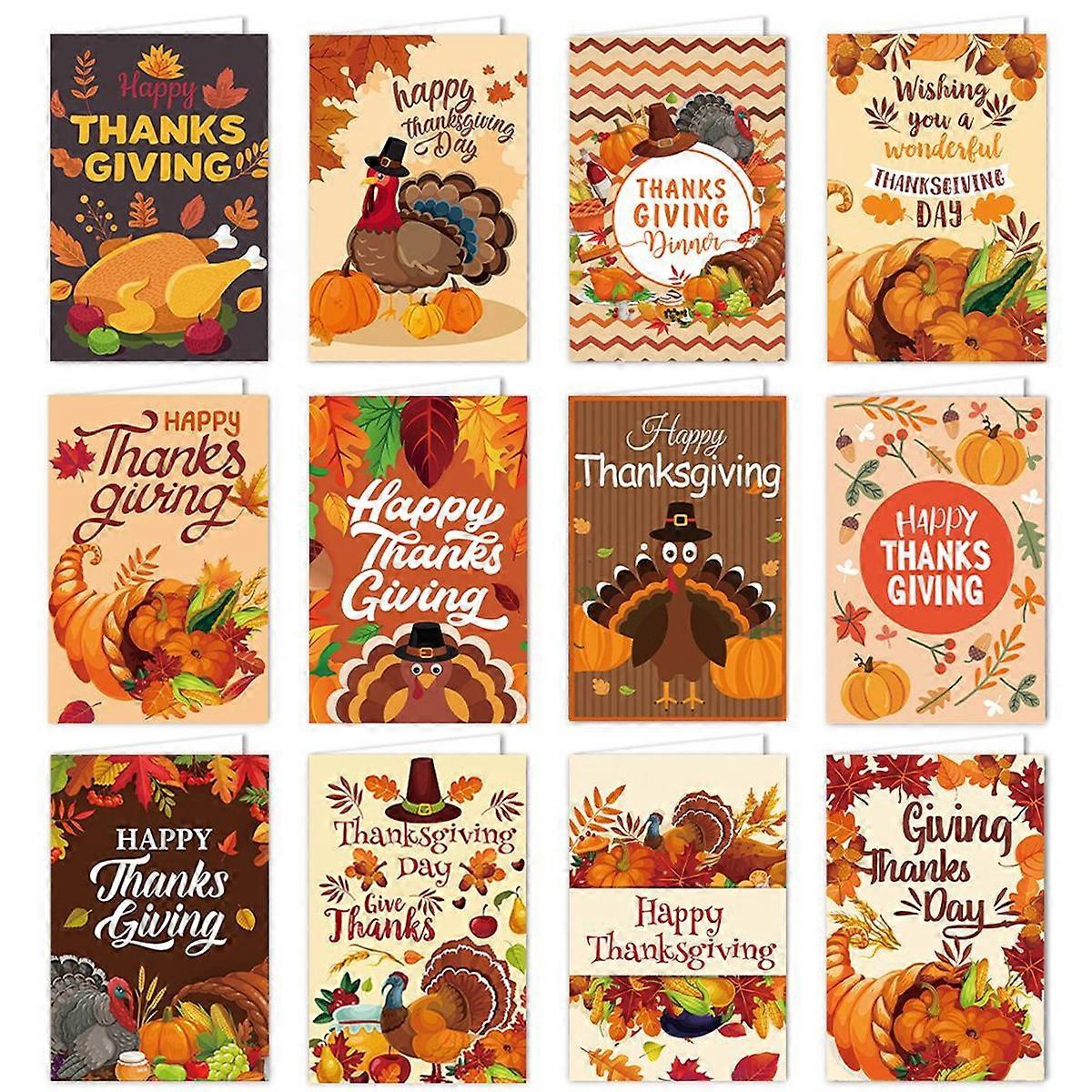 Bright Color Printed Cards, Thanksgiving Cards Assortment, Fall Guest Napkins With Envelopes For Personalized Messages, Unique Designs (24Pcs)