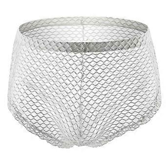 Large Openwork Sheer Fishnet Men's Underwear Side Split Buttons See Through Mesh Boxers Shorts Lingerie Briefs Panties  White XL