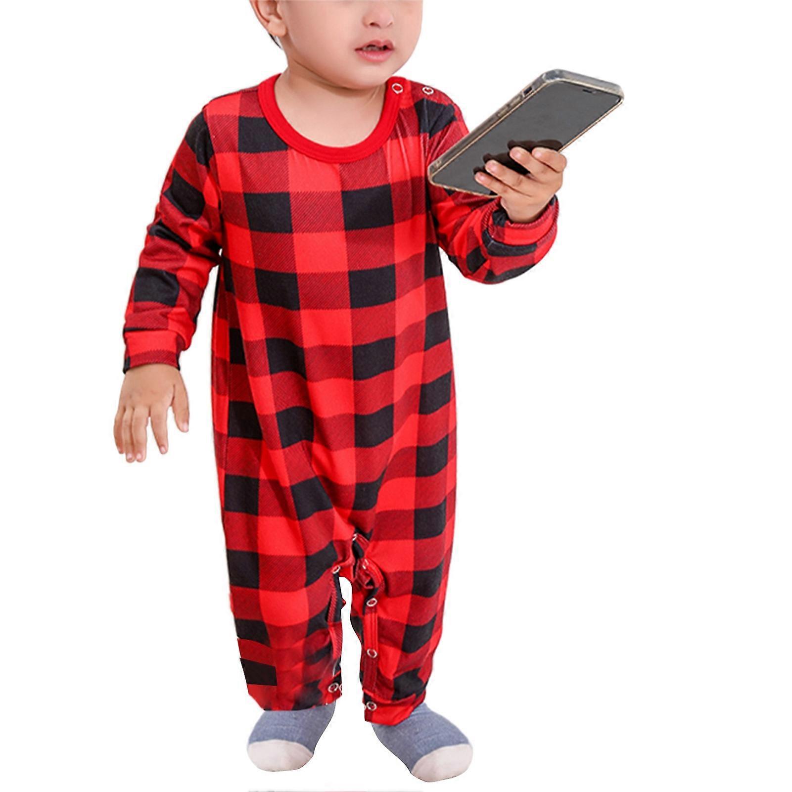 Christmas Pajamas Set Round Neck Long Sleeves Color Block Grid Tree Pattern Family Pajamas Set