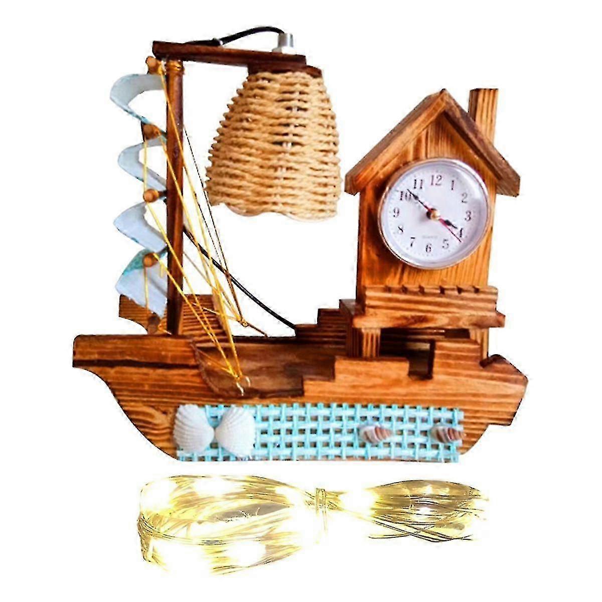 Sailboat Woodiness Lamp Clock with A Clock with Warming Light Strings Multi-Functional Electronic C