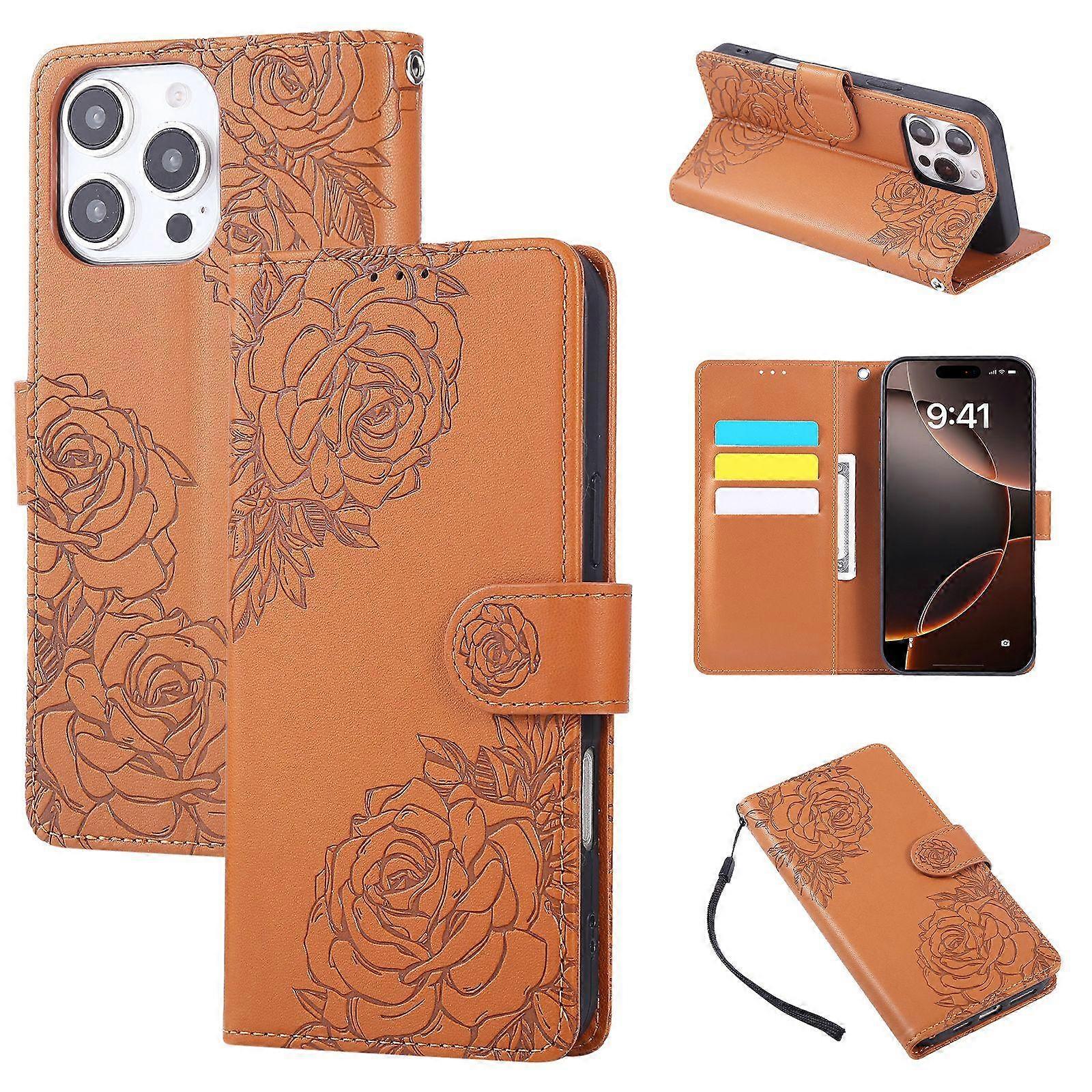Rose Flower Embossed 3-Card Slots Leather Phone Case