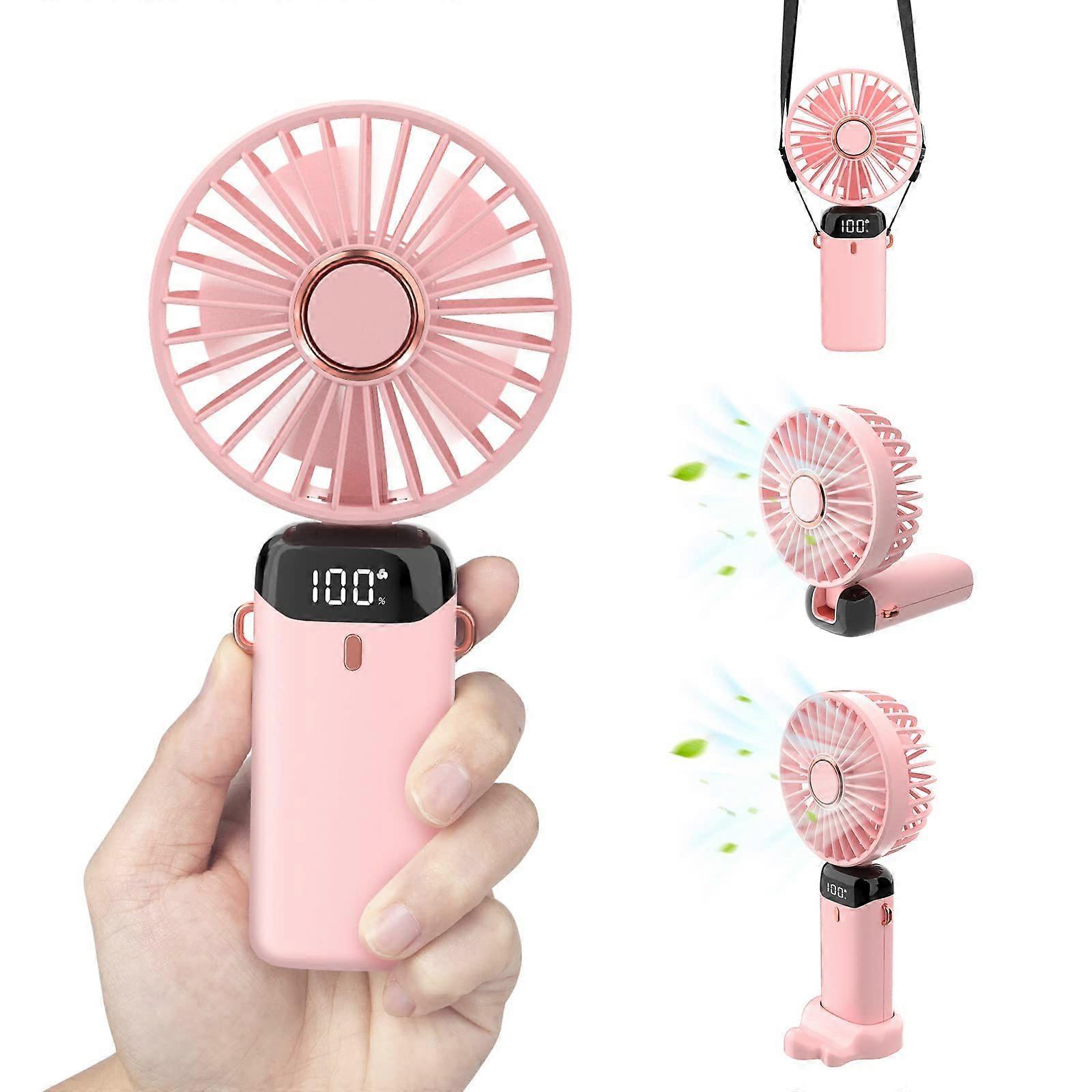 Personal Portable Neck Fan, 3000mAh USB-C Rechargeable 5-Speed Mode Powerful Desk Fan with Base, Up to 12 Hours Runtime - Pink