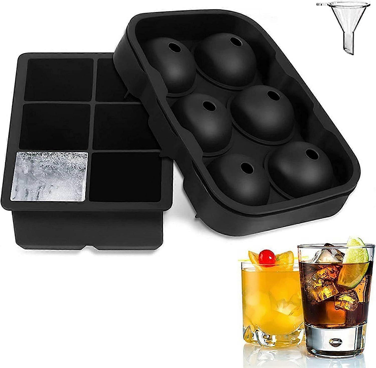 2 Pack Silicone Ice Cube Molds - BPA Free - With Lid & Funnel - Suitable for Beer, Whiskey, Fruit Ice Cubes, Frozen Drinks - 6+6 Compartments