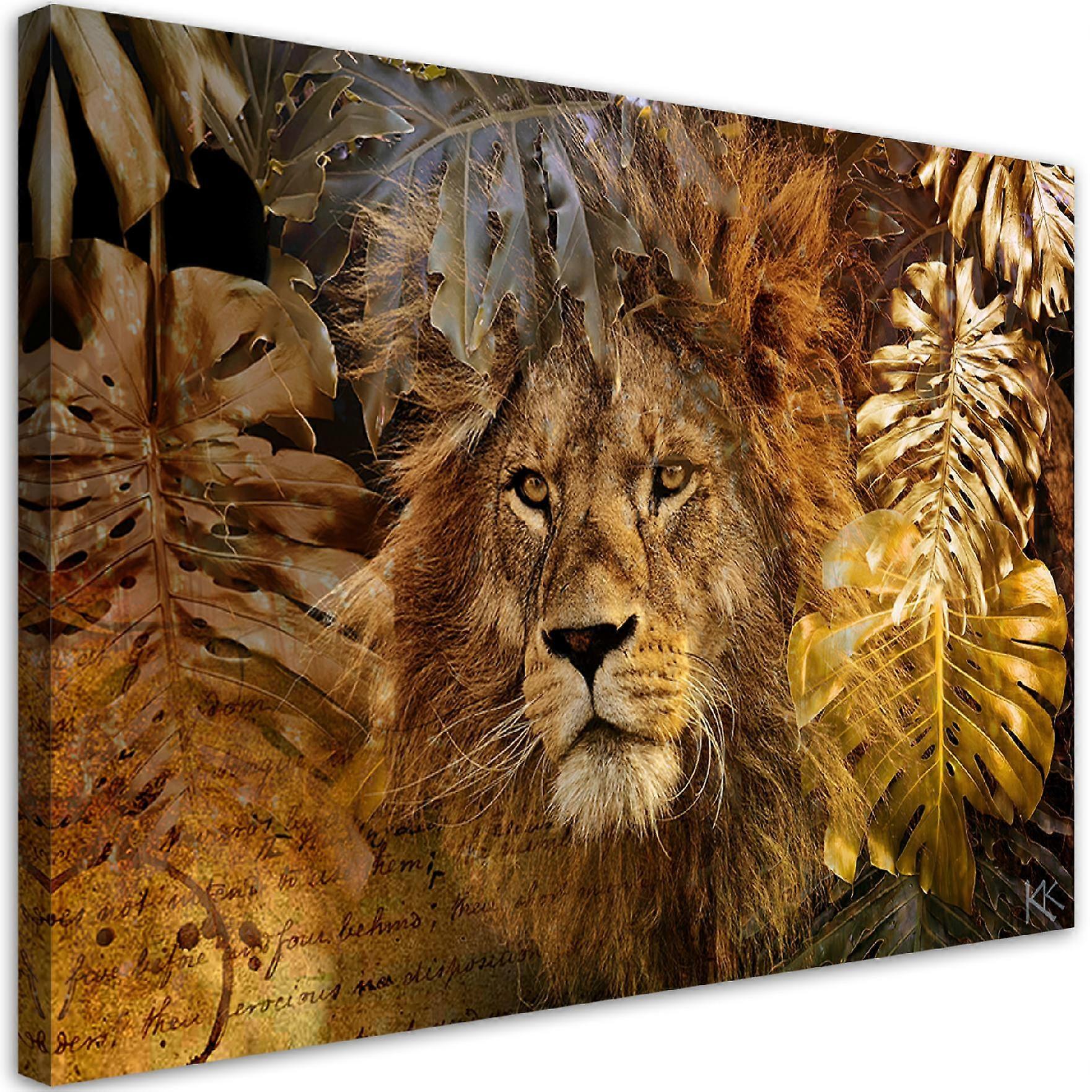 Lienzo, León y hojas de oro Monstera - 100x70