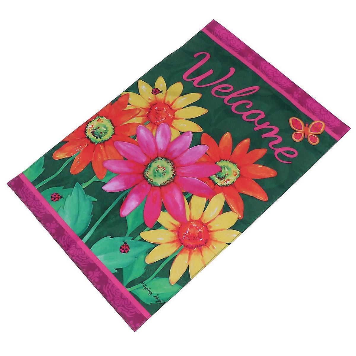 Flax Flower Garden Flag with Welcome Pattern, Spring Themed Hanging Banner for Outdoor & Indoor Home Decoration, Suitable for Courtyards, Cafes, and