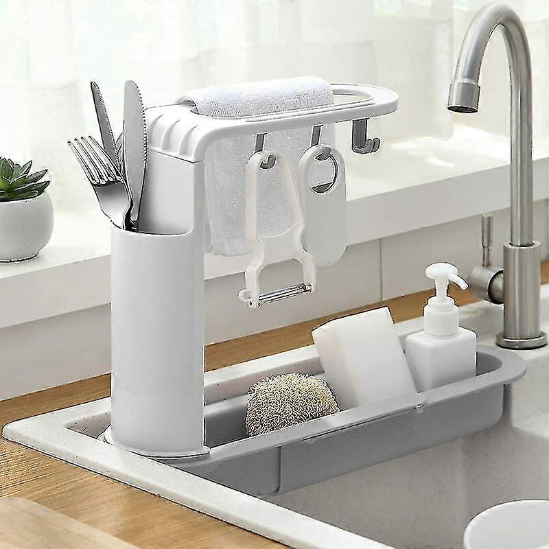 Kitchen Sink Sponge Holder Multi-Function Sink Organizer Expandable Kitchen Sink Storage Rack - White