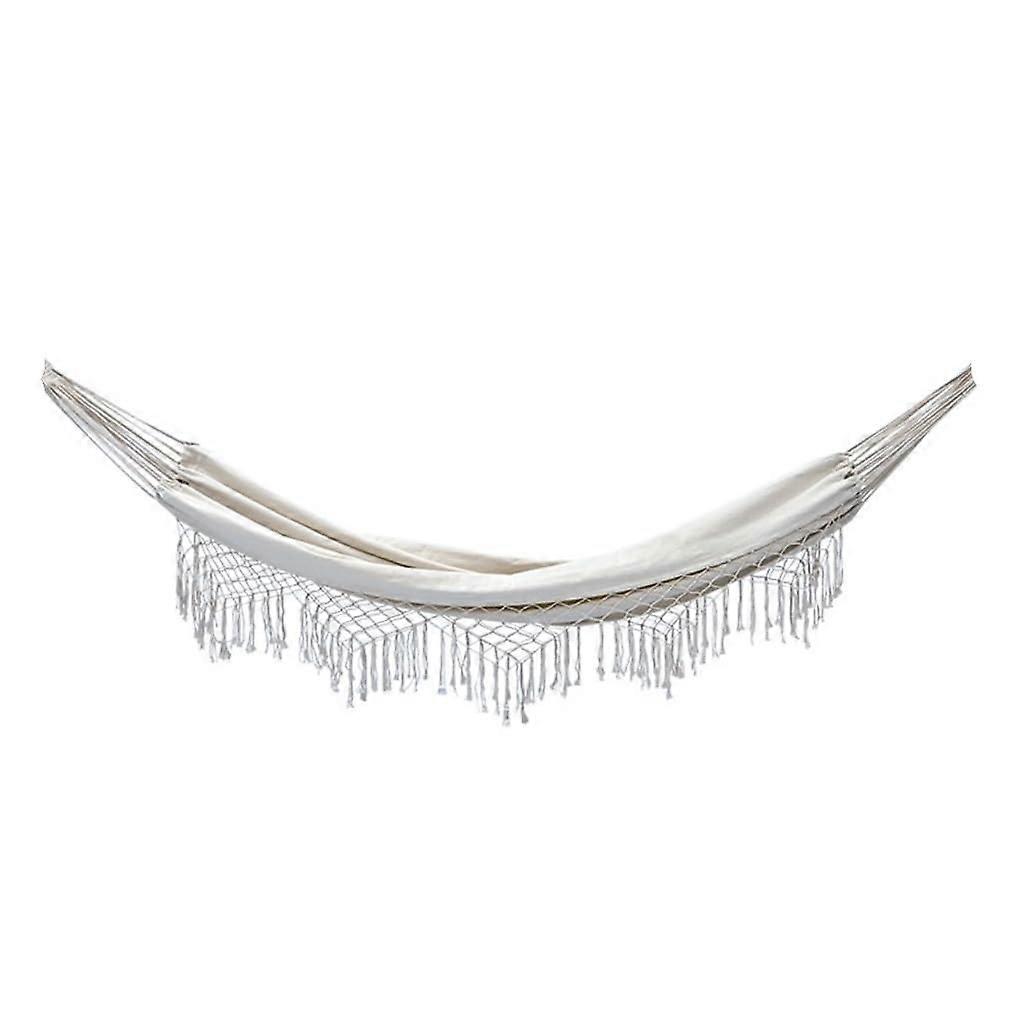 Outdoor Double Canvas Hammock with Tassels, Camping Leisure Swing, Indoor Camping Canvas Hammock, AntiRollover Hammock, White