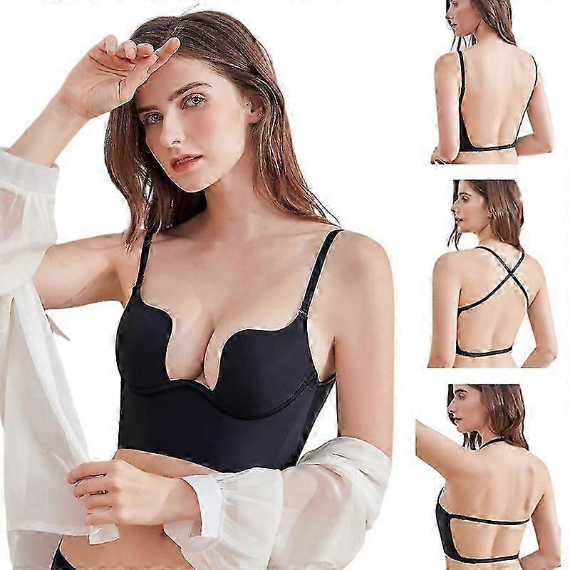Womens Sexy Deep U Plunge Bra Multi Way Convertible Push Up Halter Low Back Bra