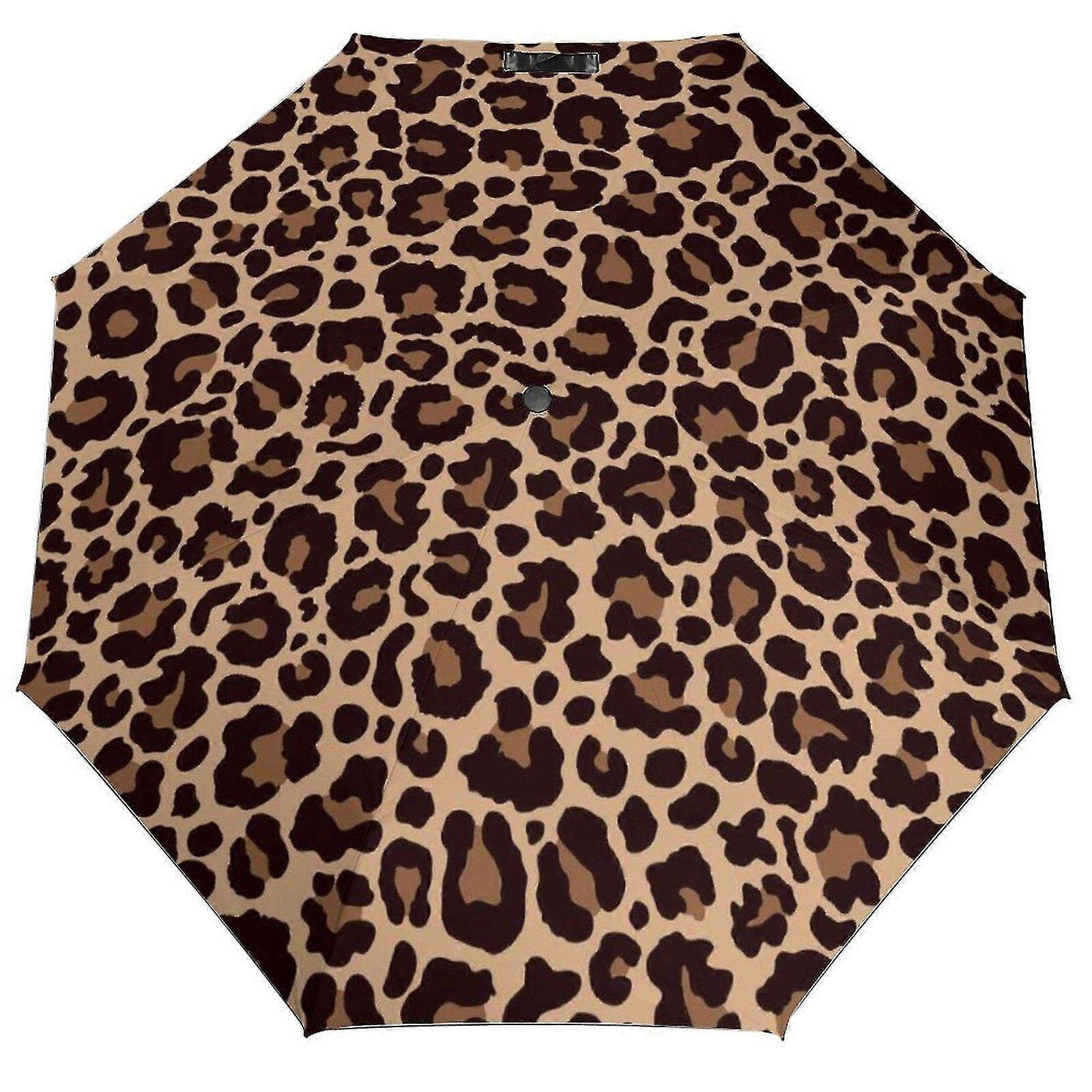 Leopard Print Automatic Windproof Folding Umbrella (3-Fold, Adult)