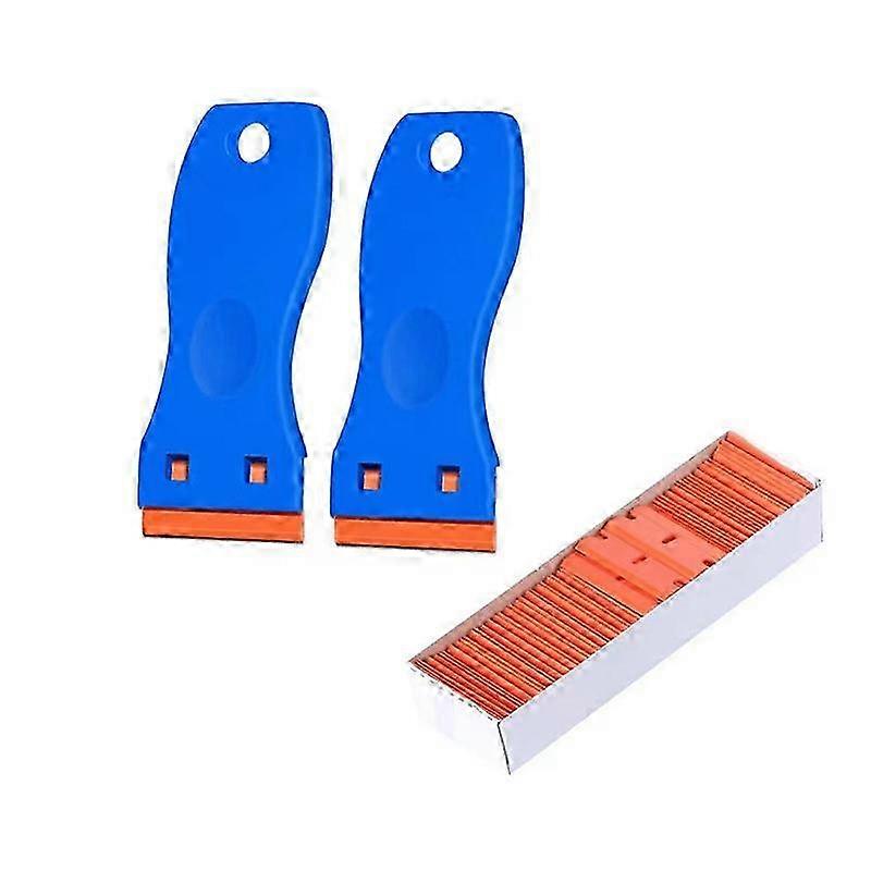 2 Pack 1.5 Plastic Razor Scraper with 100pcs Double Edged Plastic Blades for Removing Labels and Stickers on Glass Windows