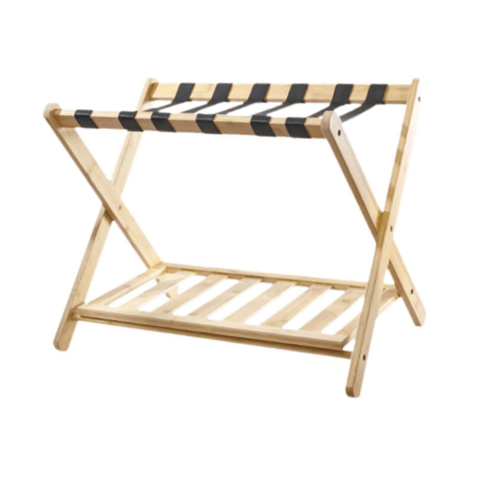 Luggage Rack with Shelf, Heavy Duty Double Tier, Foldable for Guest Room, Wood Colour