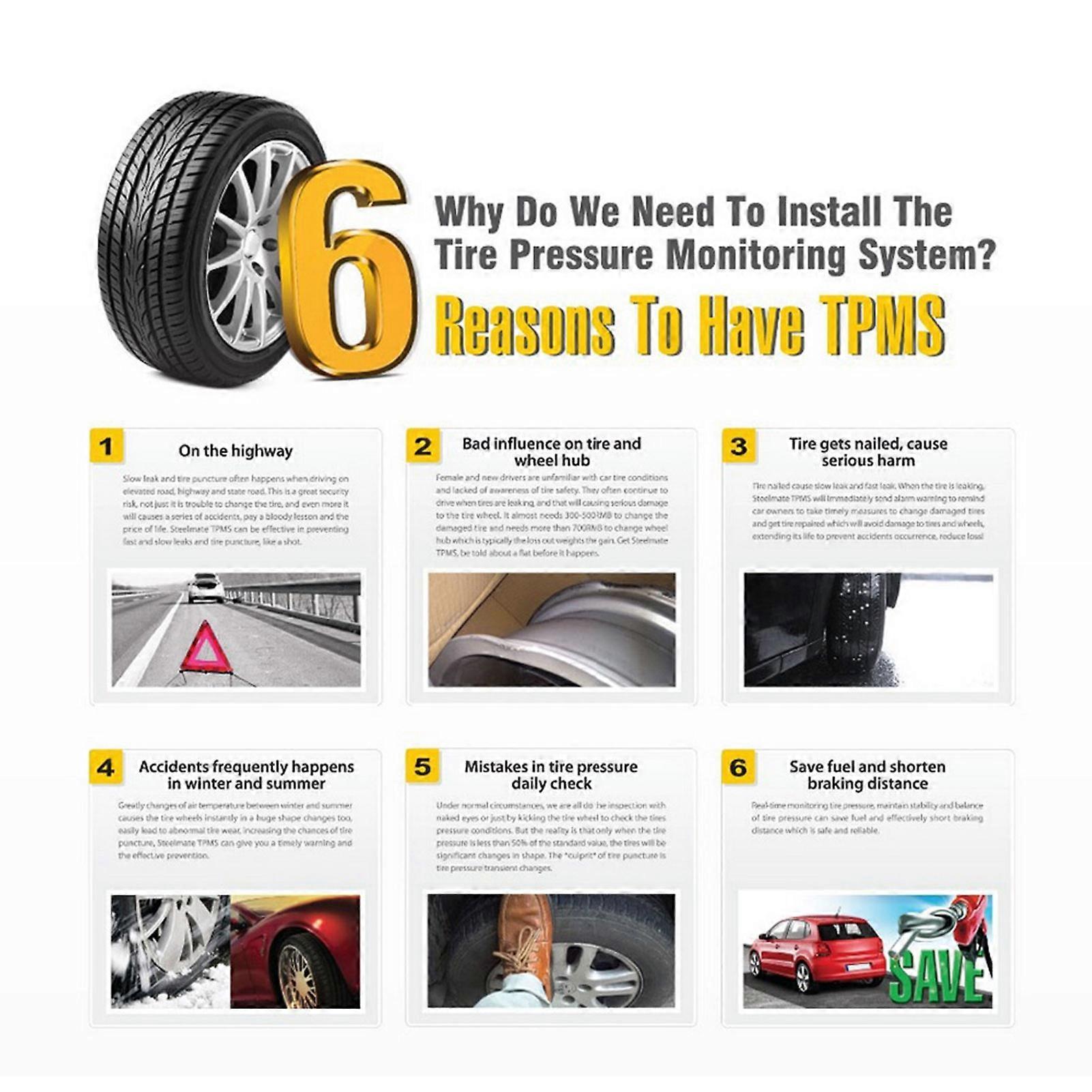 TPMS Smart Car Wireless Tire Pressure Monitoring System Cigarette Lighter Digital LCD Display with 4 Internal Sensors Auto Security Alarm Function