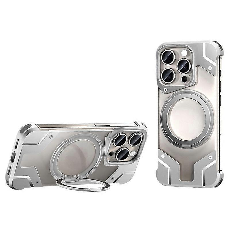For iPhone 15 Pro Max Magnetic Case Frameless Back Phone Cover with Ring Kickstand - Titanium Silver