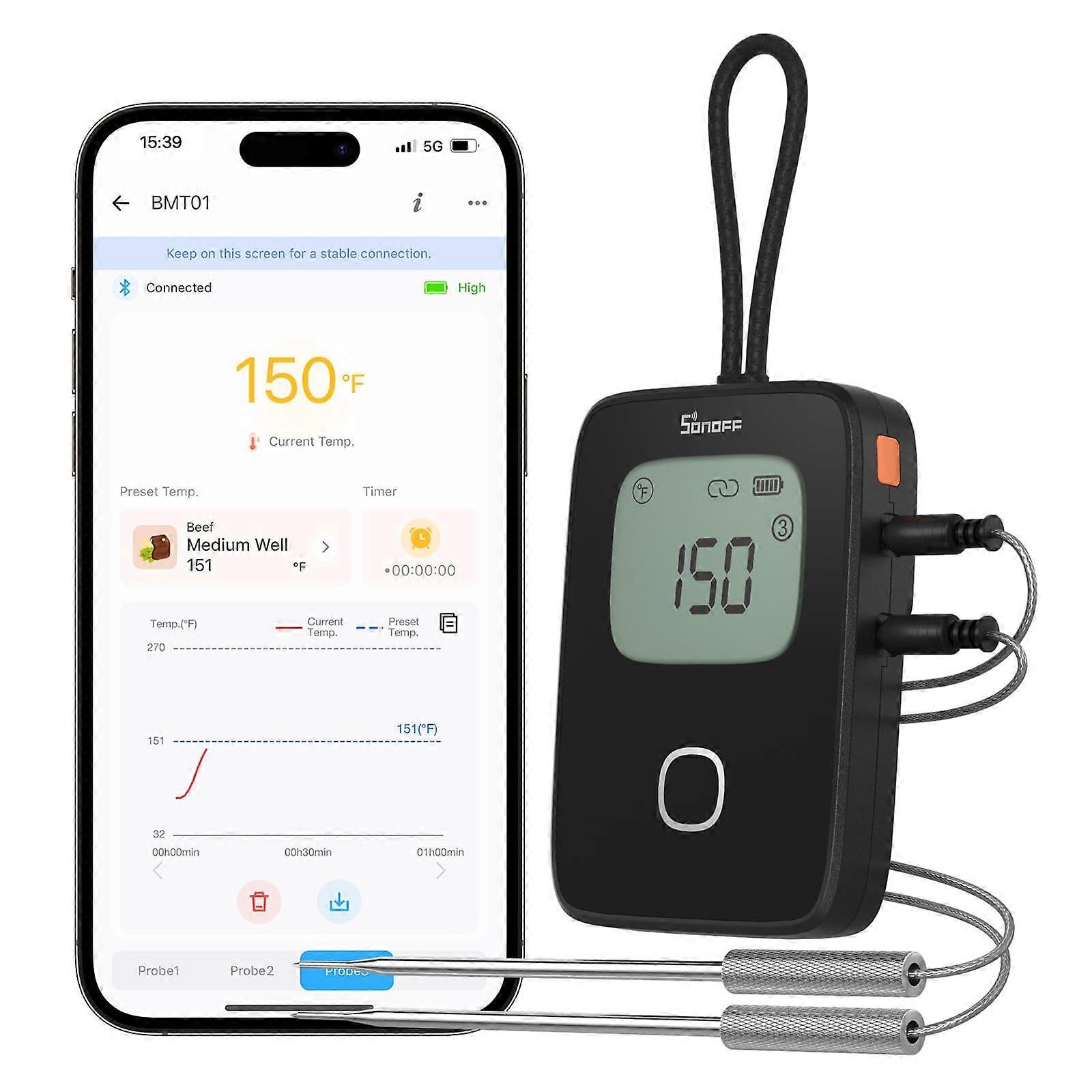 BMT01 Meat Thermometer, Roasting Thermometer Digital with 2 Probes, Timer and Preset Alarm, Smart LCD Thermometer Cooking for Grill, Smoker, Oven, BBQ