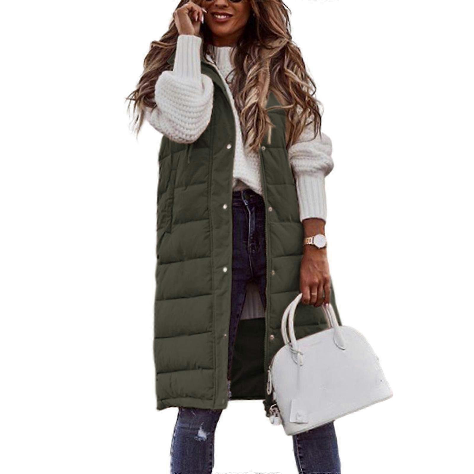 Colete Longo Acolchoado com Capuz para Mulheres com Zíper Completo, Casaco de Inverno Acolchoado de Algodão em Verde Exército, Jaqueta Puff Quente para Clima Frio
