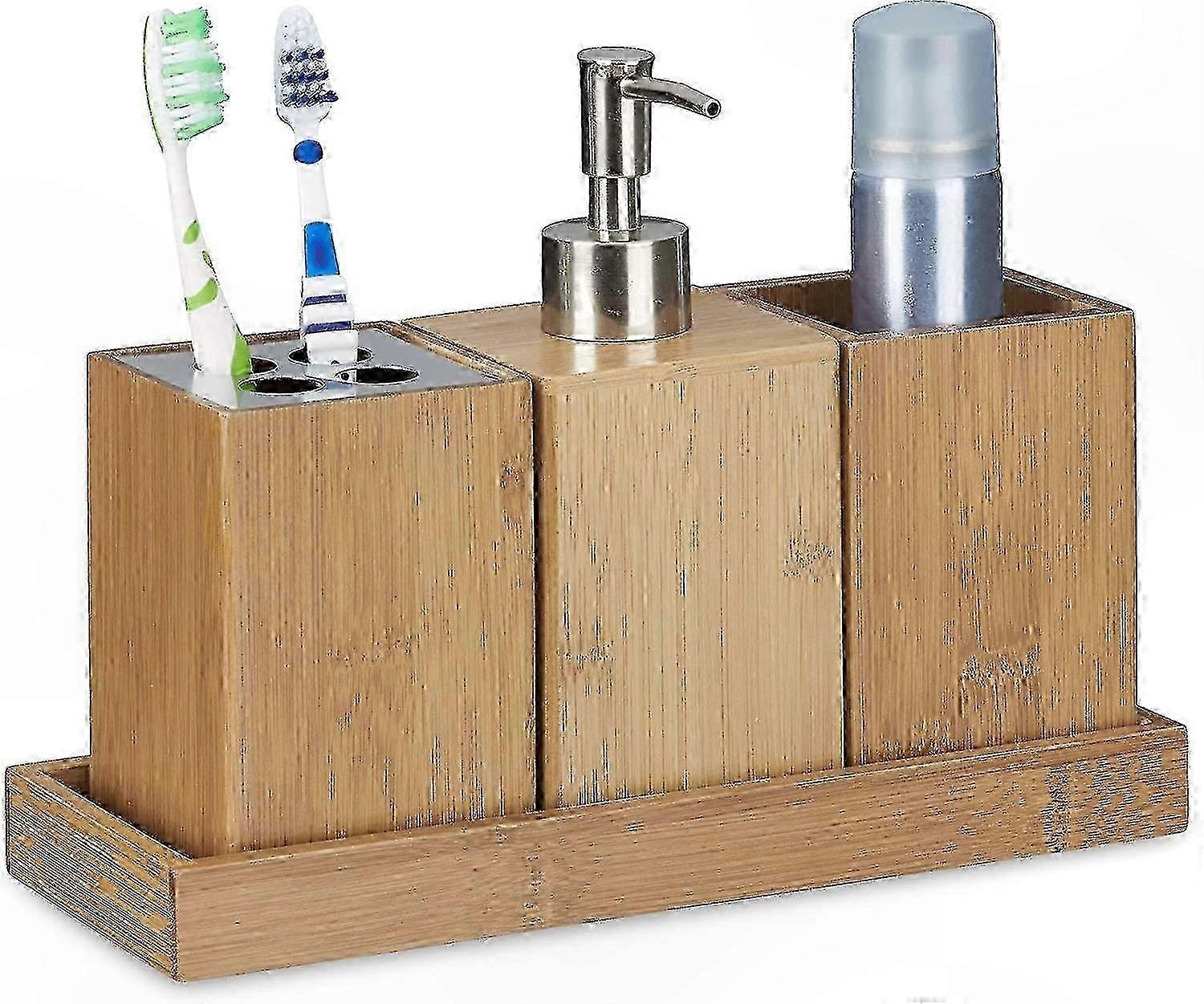 Eco-Friendly Bamboo Bath Accessories - 4-Piece Set Includes Toothbrush and Soap Holders