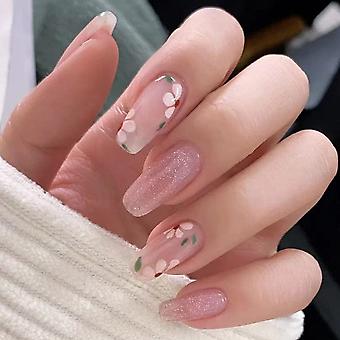 Prensa rosa en las uñas Ataúd cuadrado acrílico Uñas falsas Brillantes Bling Uñas falsas longitud media Flor Artificial Cubierta completa Uñas Consejos para mujeres y niñas