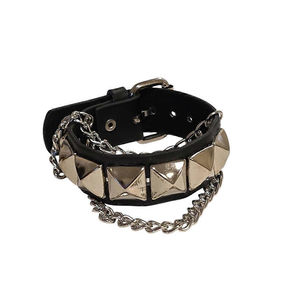  Leather Bracelet with Square Rivets and Chain