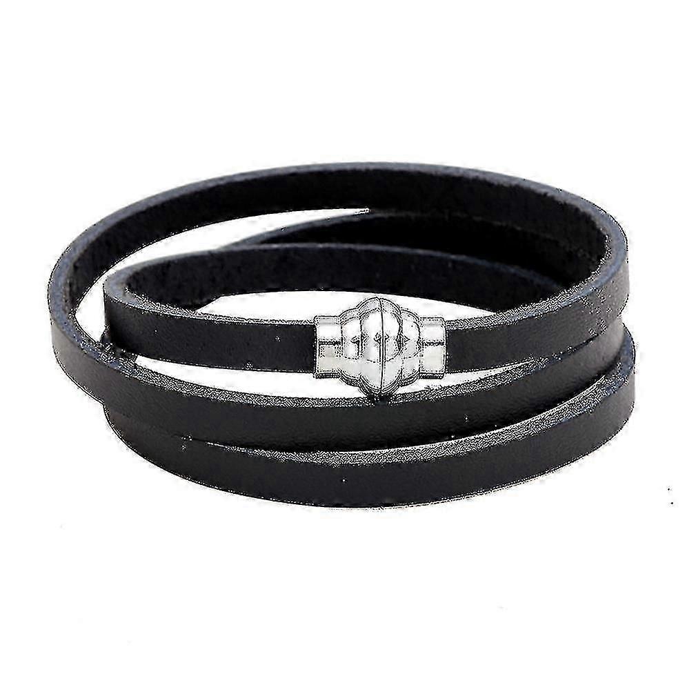 Multi-lap Winding Black Leather Bracelet With Alloy Buckle