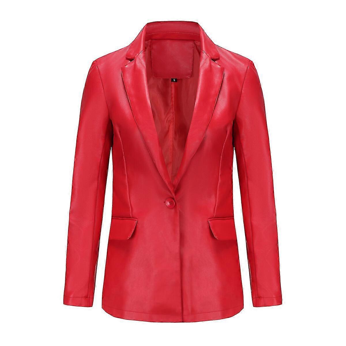 Women's Waterproof Leather Blazer Jacket, One Button Design, Shiny Finish